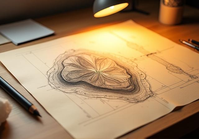 Technical drawings of floral structures mapped against geological grids